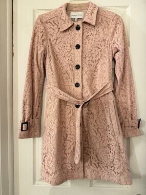 cupcakes and cashmere Blush Pink Floral Lace Belted Trench Coat Size XS